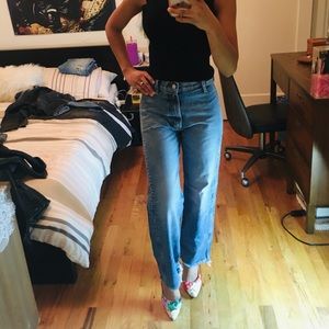 DISTRESSED BLUE DENIM straight cut jeans